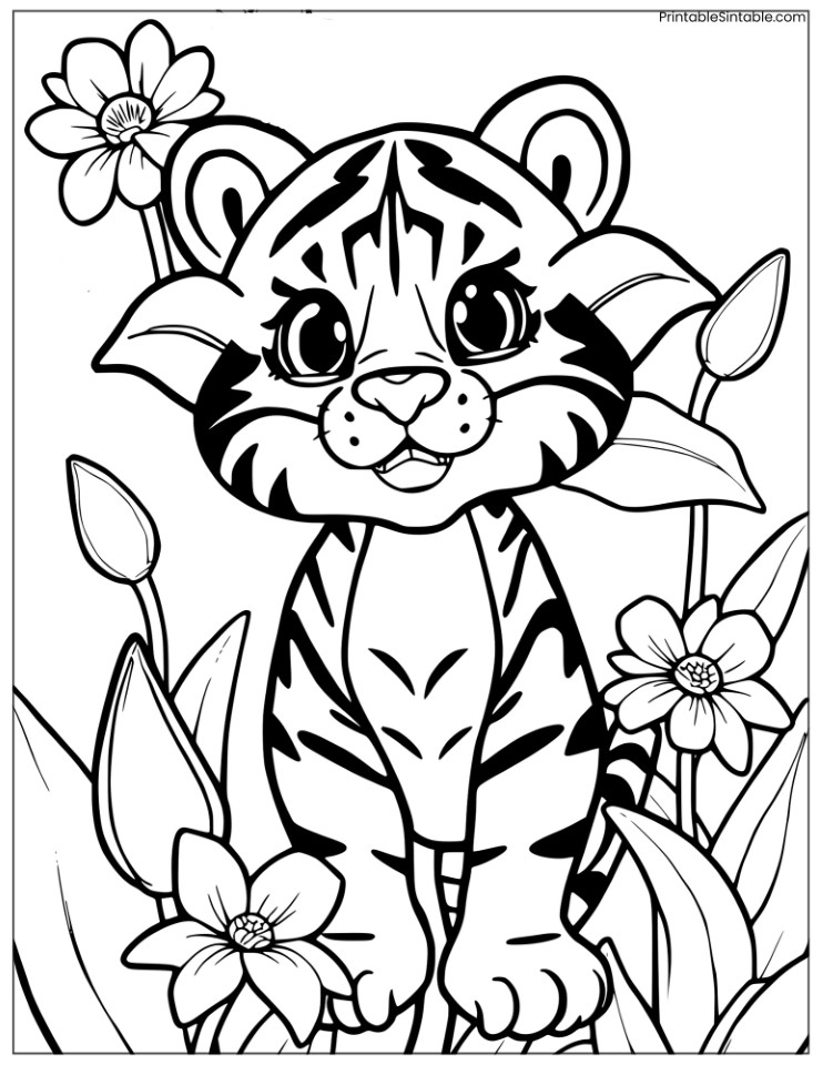baby tiger and lily flowers