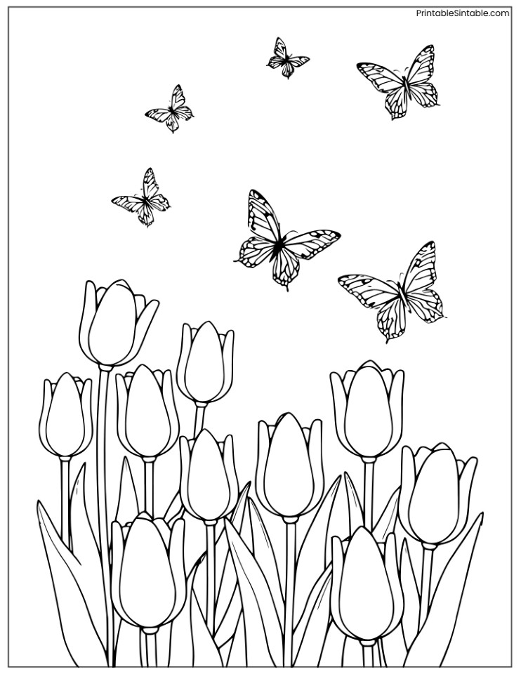 butterflies flying over tulips