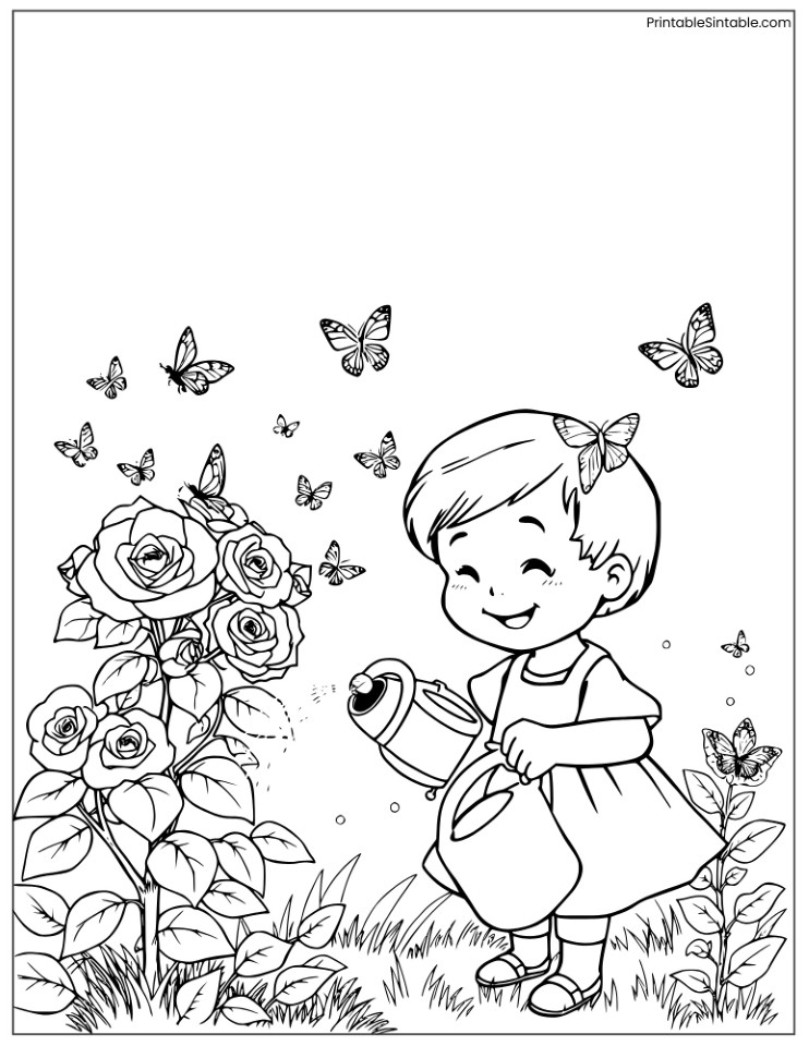 cute girl in a garden with roses and butterflies