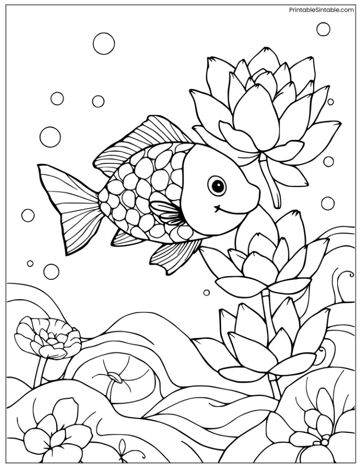 fish swimming around a lotus
