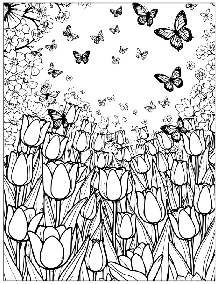 spring tulip garden with butterflies